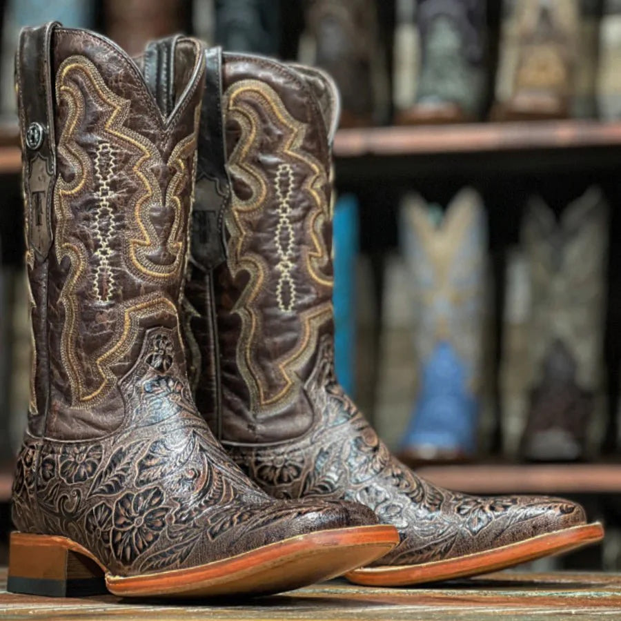 TANNER MARK MEN’S HandTooled Brown Print Western Boots